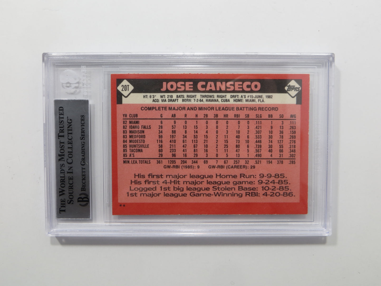 JOSE CANSECO SIGNED BGS BAS SLAB 1986 TOPPS TRADED #20T XRC A's Auto 10