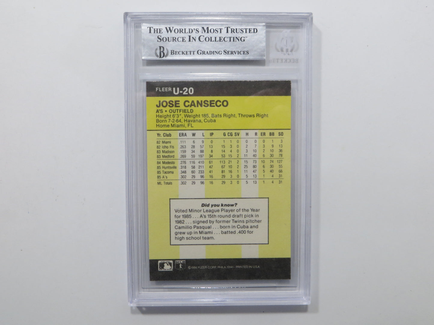 JOSE CANSECO SIGNED BGS BAS SLAB 1986 FLEER UPDATE #U20 A's Auto