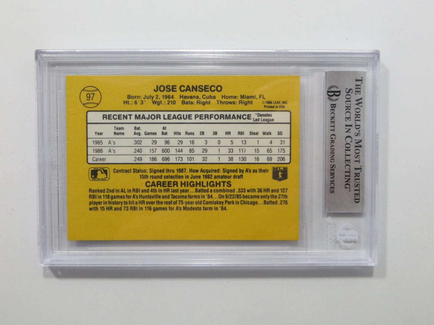 JOSE CANSECO SIGNED BGS BAS SLAB 1987 DONRUSS #39 A's Auto
