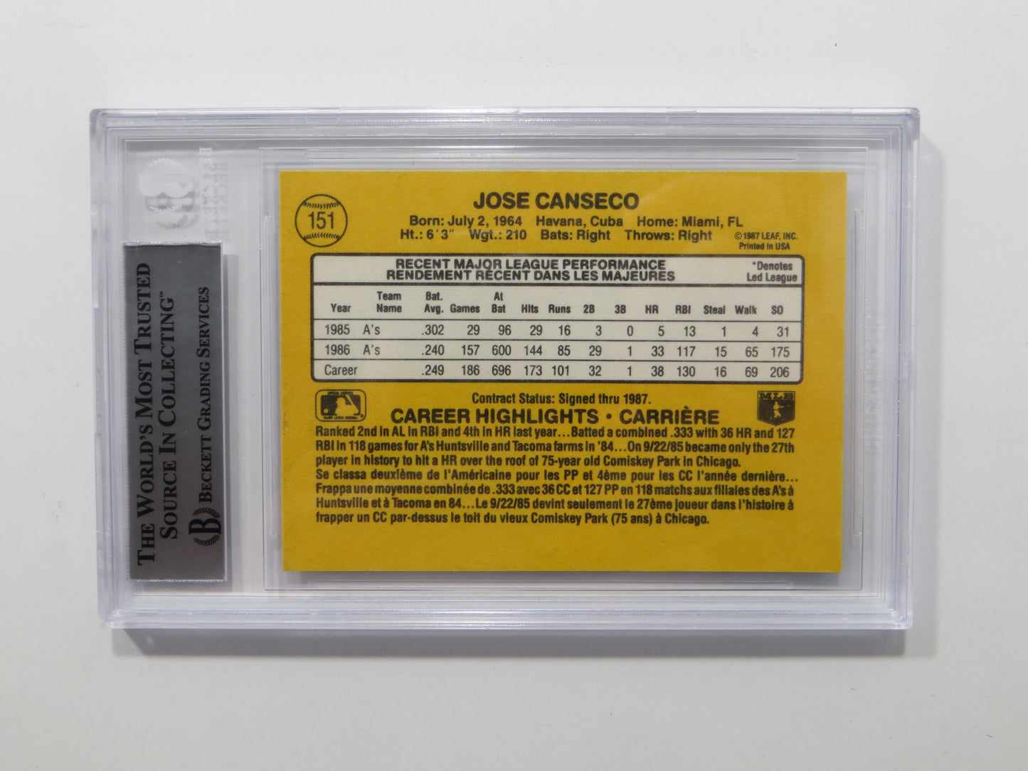 JOSE CANSECO SIGNED BGS BAS SLAB 1987 DONRUSS #39 A's Auto