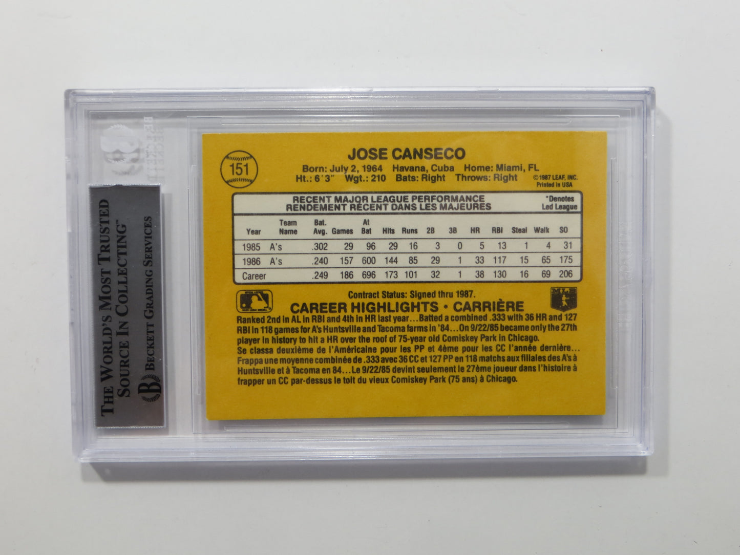 JOSE CANSECO SIGNED BGS BAS SLAB 1987 LEAF #39 A's Auto
