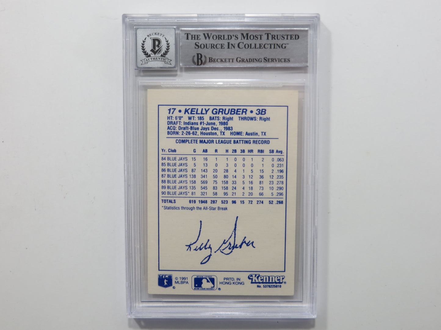 KELLY GRUBER SIGNED BGS BAS SLAB 1991 KENNER STARTING LINEUP #20 Auto 10