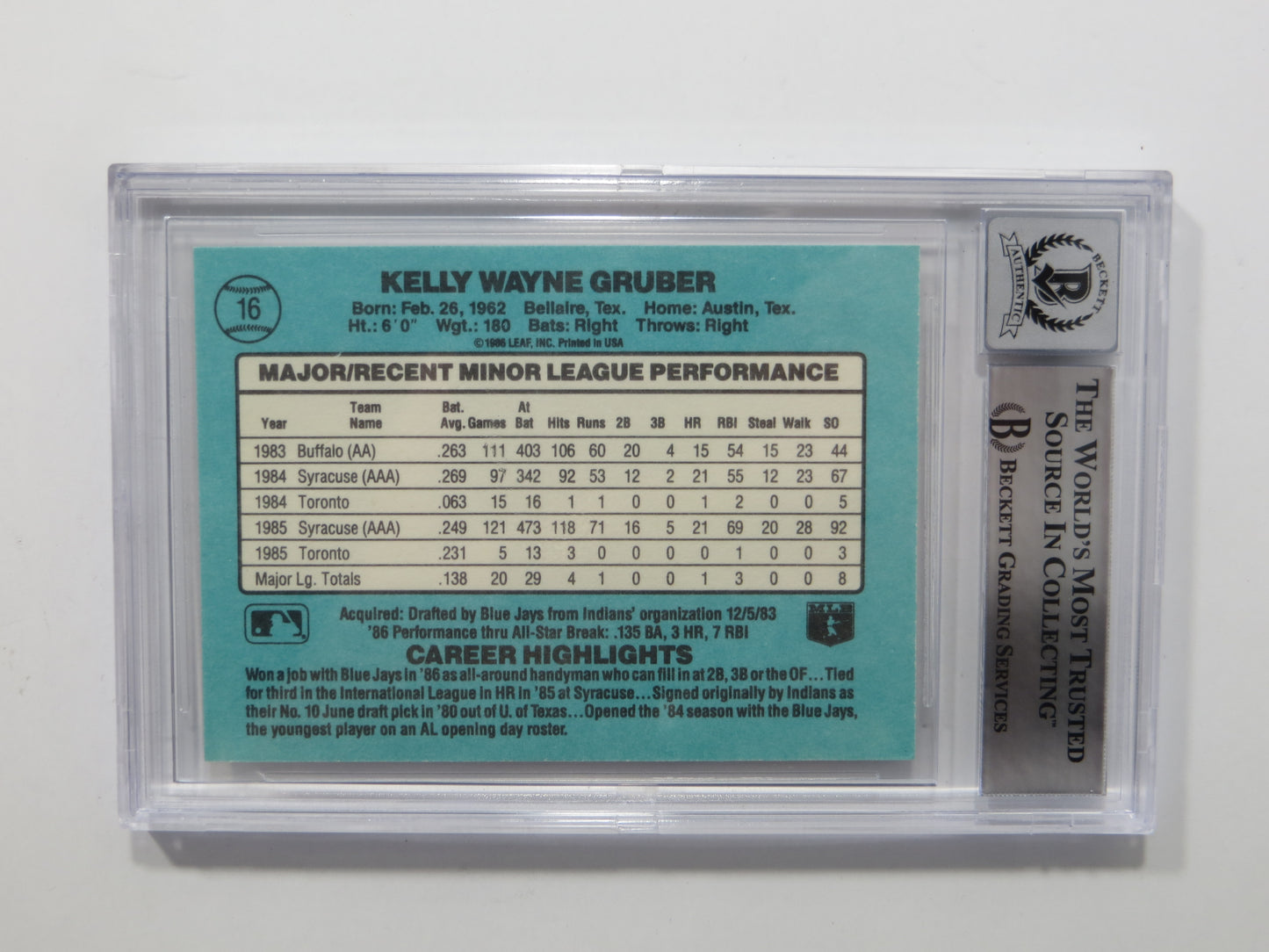 KELLY GRUBER SIGNED BGS BAS SLAB 1986 DONRUSS ROOKIES #16 Auto 10 BLUE JAYS