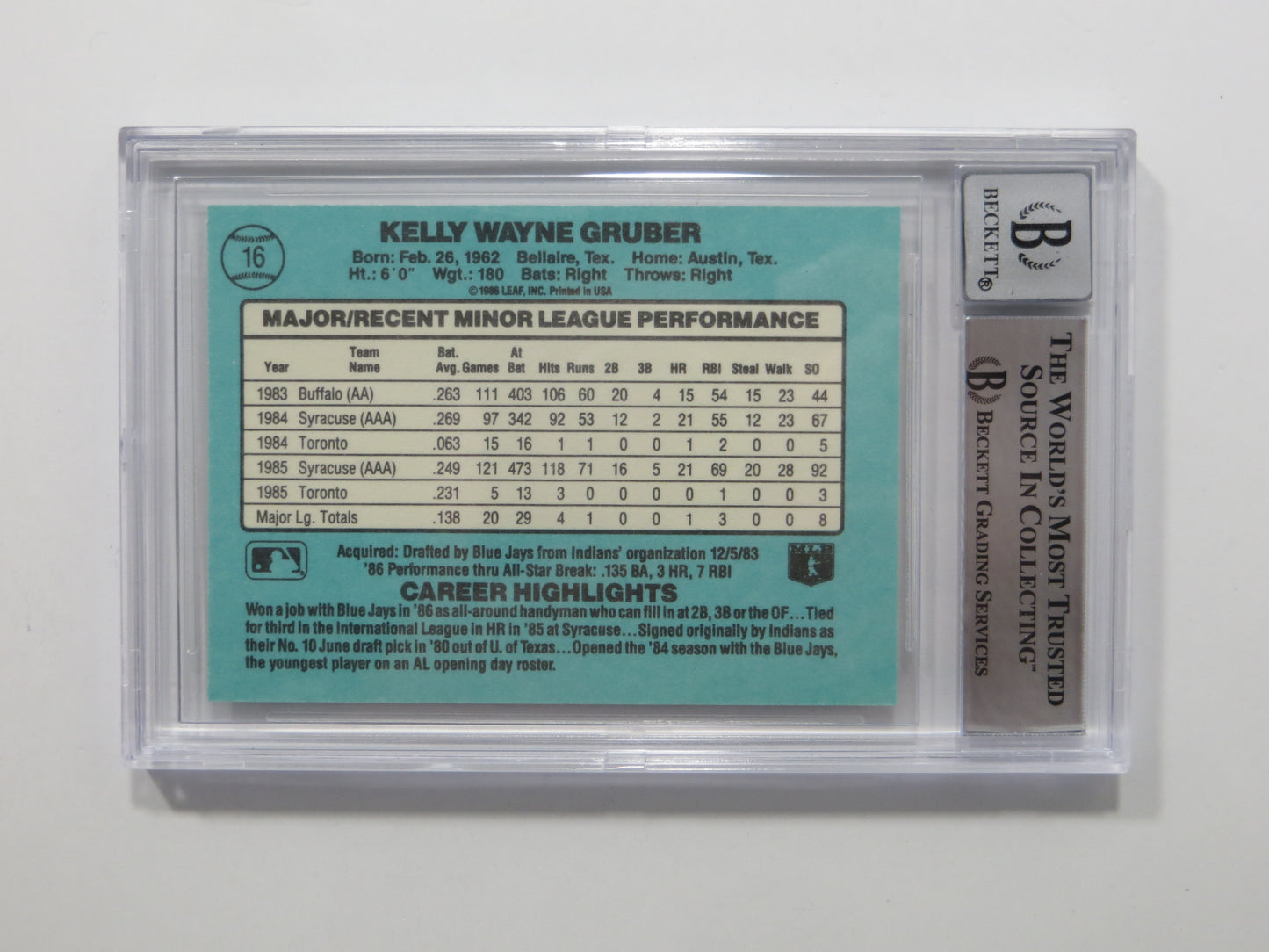 KELLY GRUBER SIGNED BGS BAS SLAB 1986 DONRUSS ROOKIES #16 Auto 10 BLUE JAYS