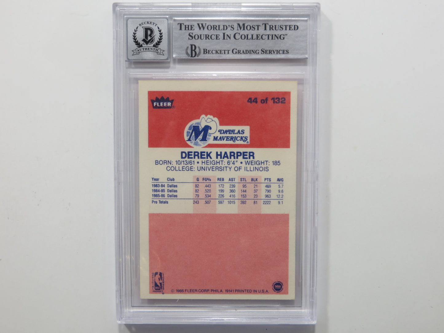 DEREK HARPER SIGNED BGS BAS SLAB 1986 FLEER #44 Rookie Auto 10 DALLAS MAVERICKS