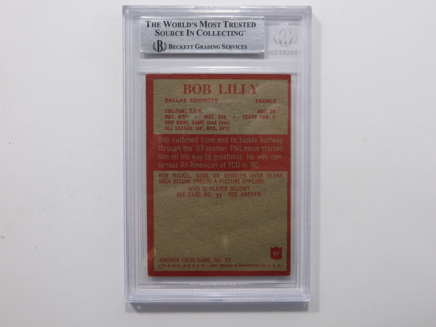 BOB LILLY SIGNED 1965 Philadelphia #47 BGS BAS SLAB w/HOF 80 DALLAS COWBOYS