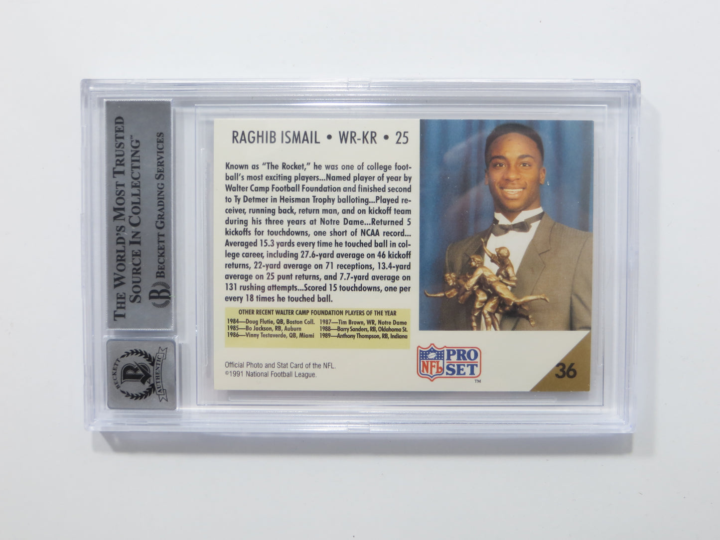 RAGHIB ROCKET ISMAIL SIGNED BGS BAS Slab 1991 Pro Set #36 Notre Dame AUTO 10