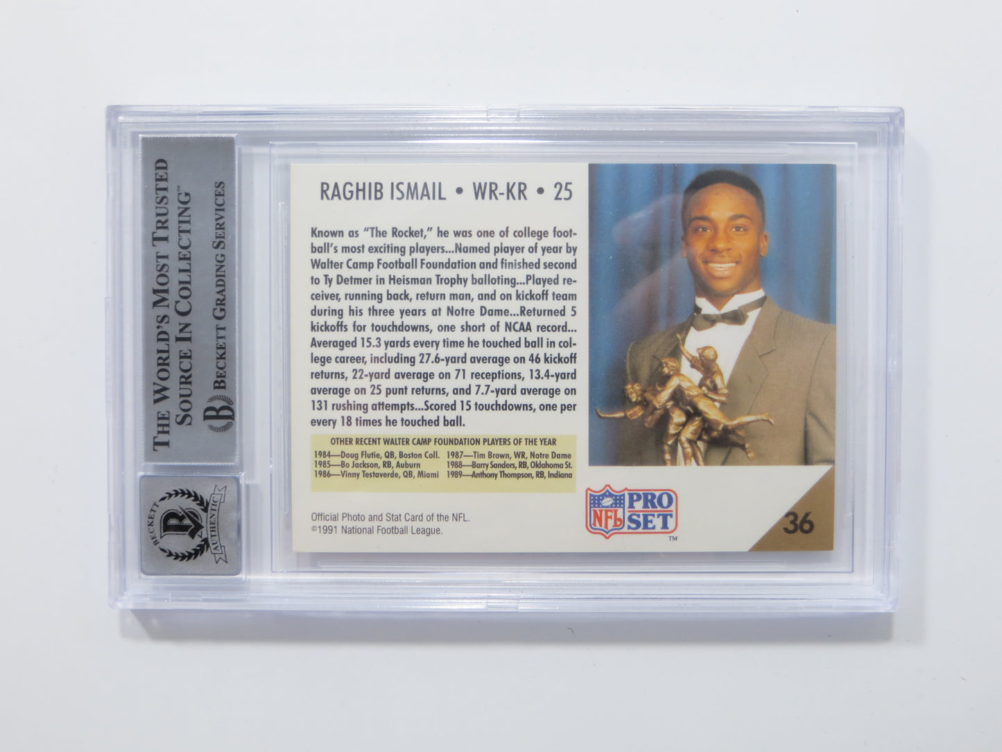 RAGHIB ROCKET ISMAIL SIGNED BGS BAS Slab 1991 Pro Set #36 Notre Dame AUTO 10