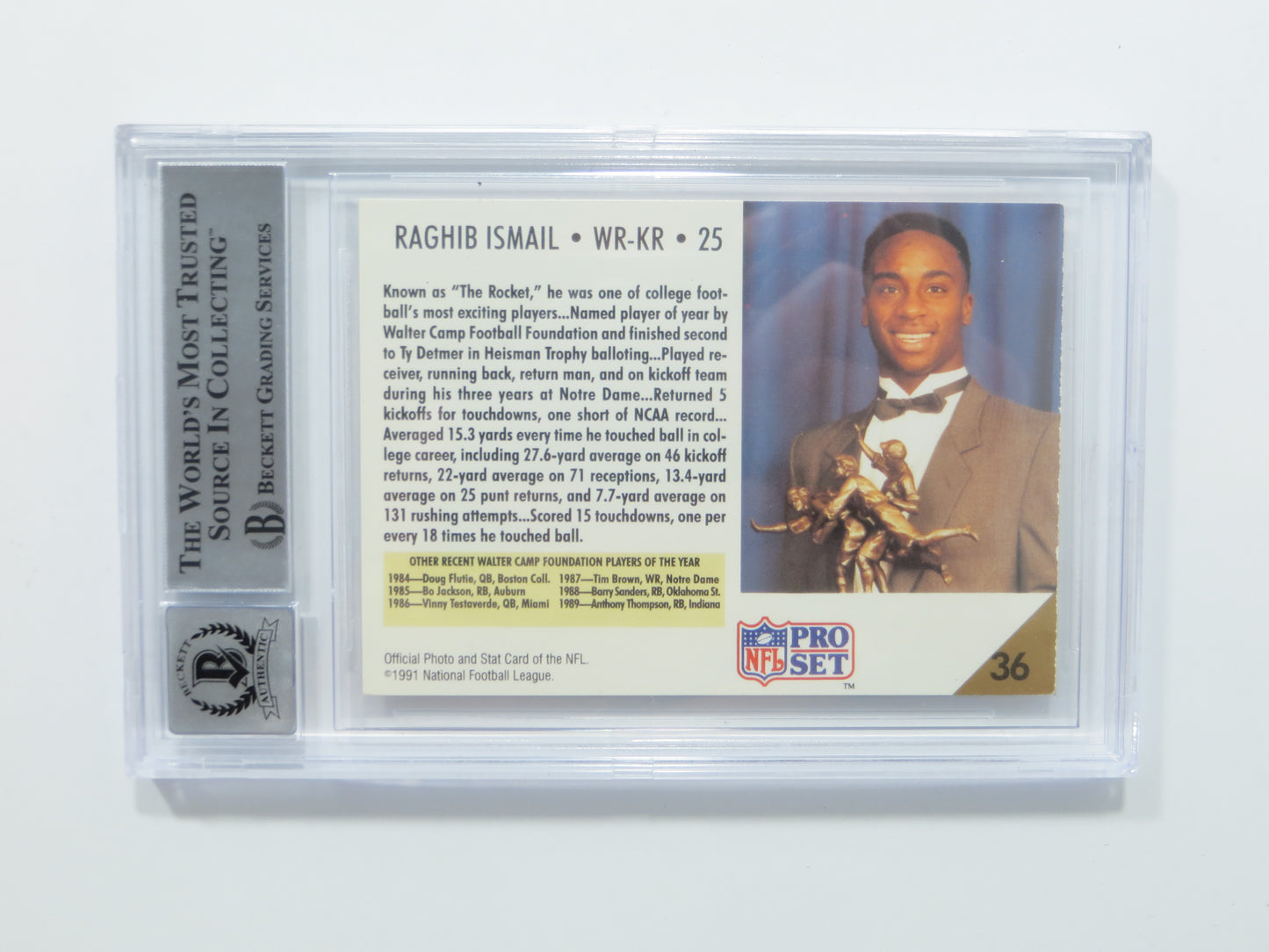 RAGHIB ROCKET ISMAIL SIGNED BGS BAS Slab 1991 Pro Set #36 Notre Dame AUTO 10
