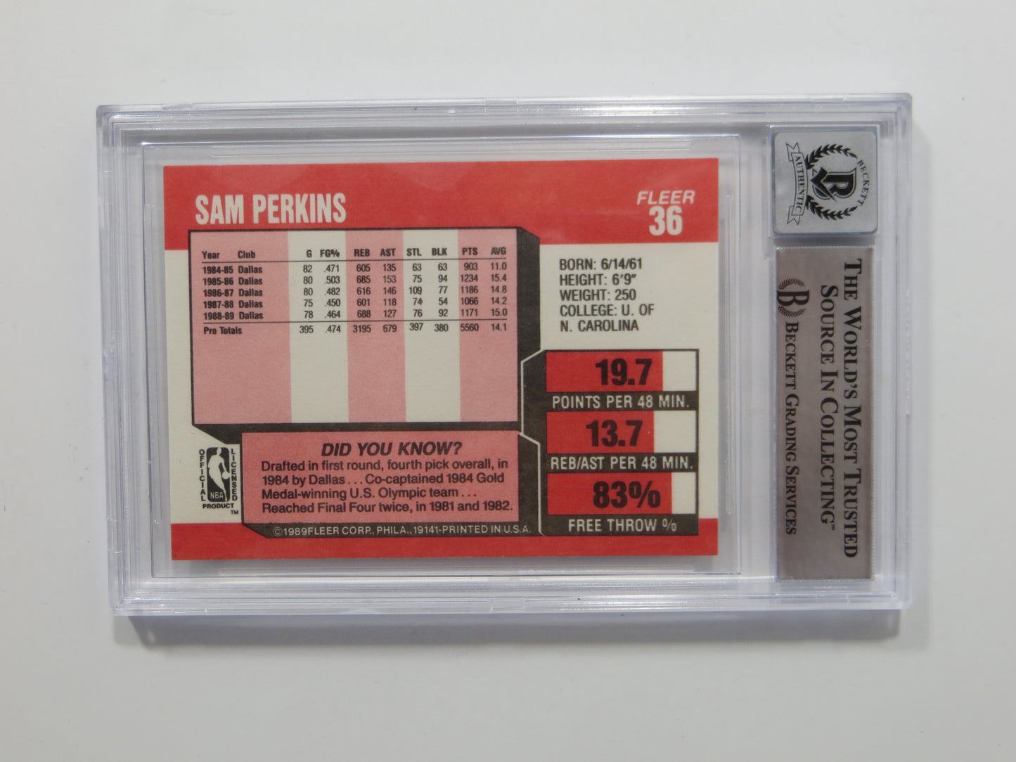 SAM PERKINS SIGNED BGS BAS SLAB 1989 FLEER #36 DALLAS MAVERICKS Auto 10