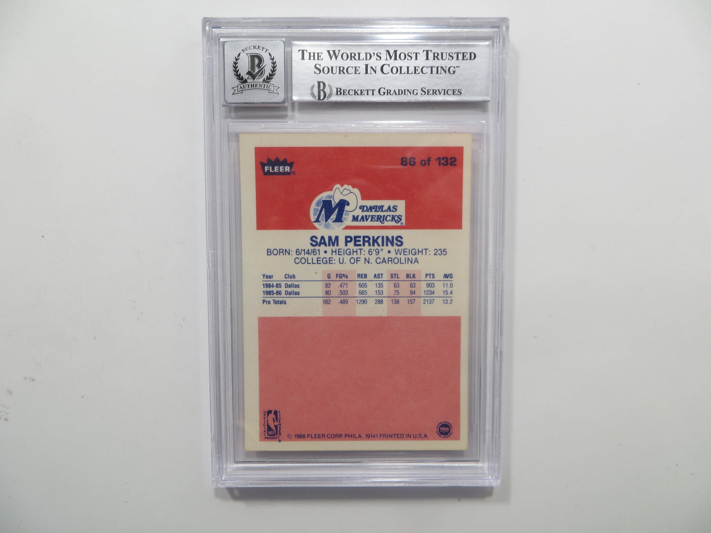 SAM PERKINS SIGNED BGS BAS SLAB 1986 FLEER #86 DALLAS MAVERICKS Auto 10