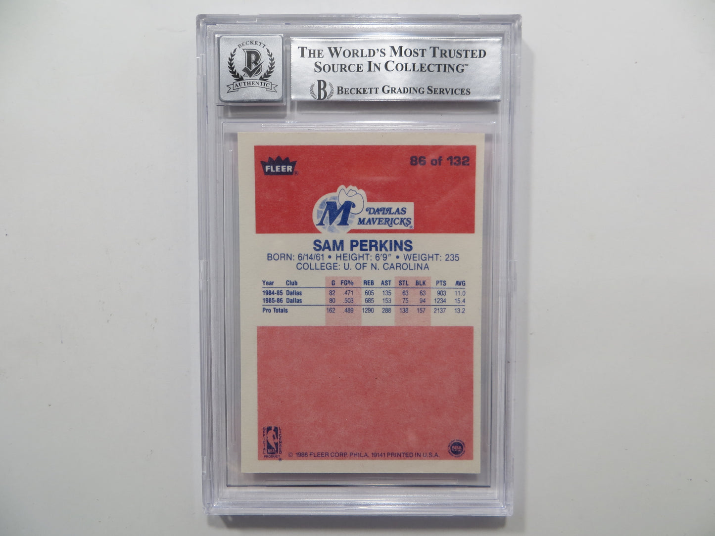 SAM PERKINS SIGNED BGS BAS SLAB 1986 FLEER #86 DALLAS MAVERICKS Auto 10