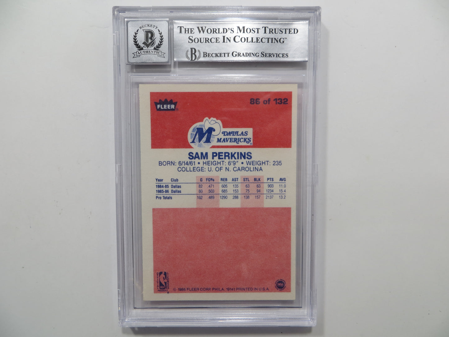 SAM PERKINS SIGNED BGS BAS SLAB 1986 FLEER #86 DALLAS MAVERICKS Auto 10
