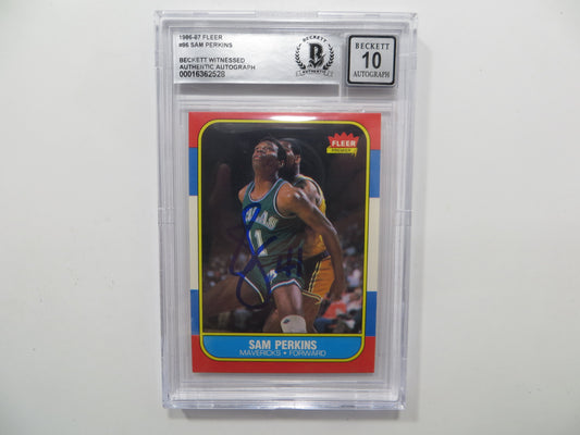 SAM PERKINS SIGNED BGS BAS SLAB 1986 FLEER #86 DALLAS MAVERICKS Auto 10