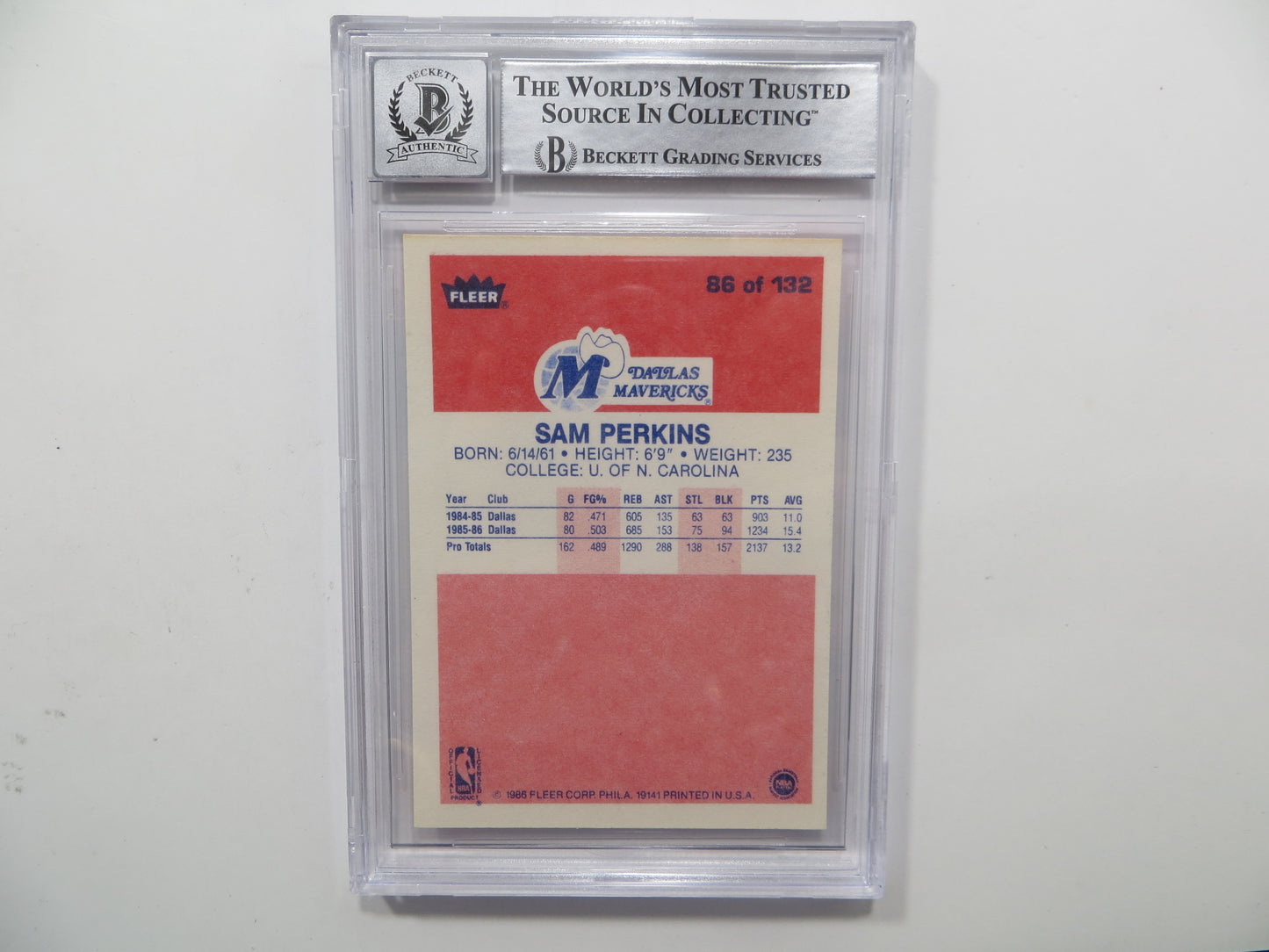 SAM PERKINS SIGNED BGS BAS SLAB 1986 FLEER #86 DALLAS MAVERICKS Auto 10