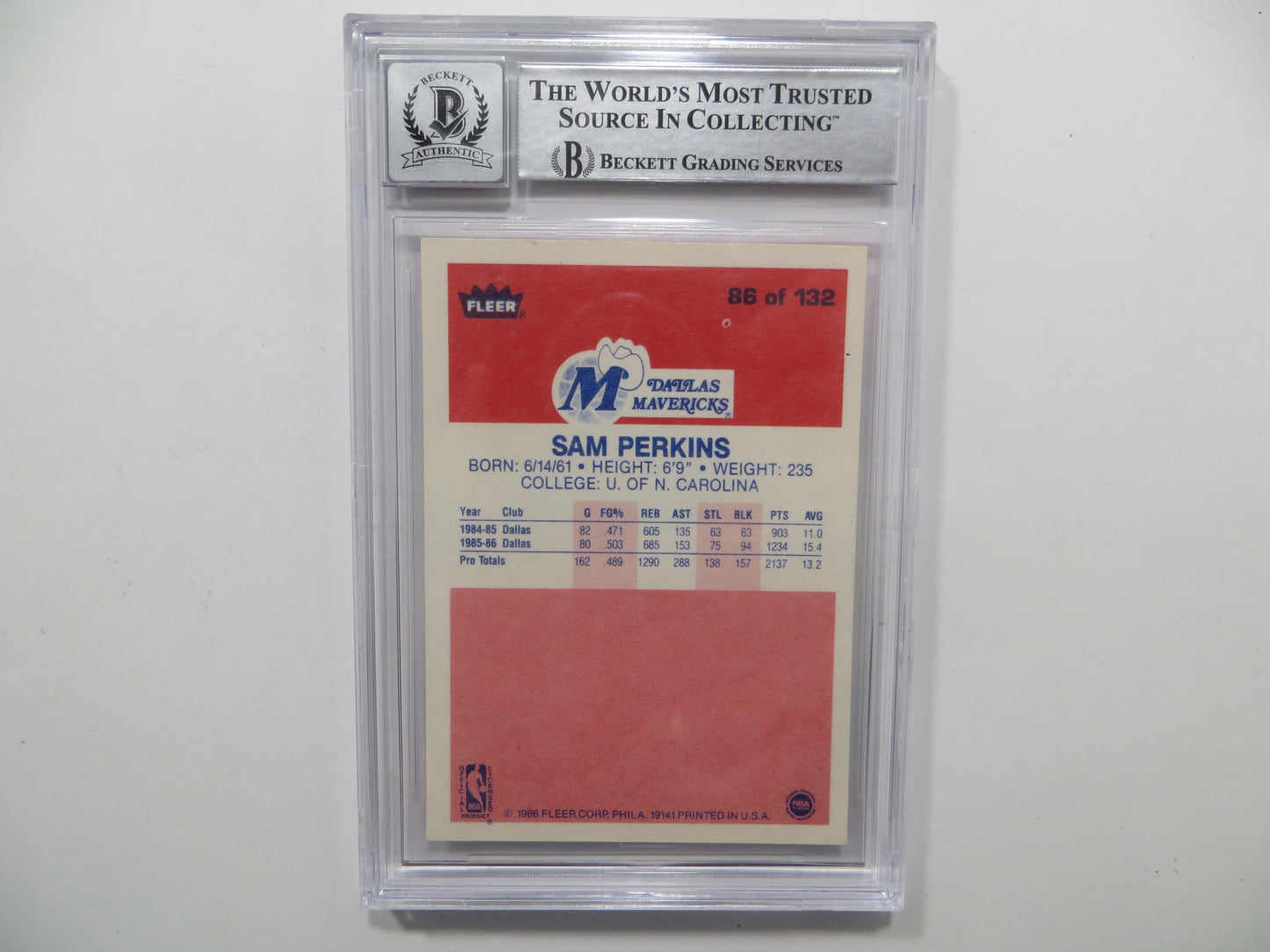 SAM PERKINS SIGNED BGS BAS SLAB 1986 FLEER #86 DALLAS MAVERICKS Auto 10