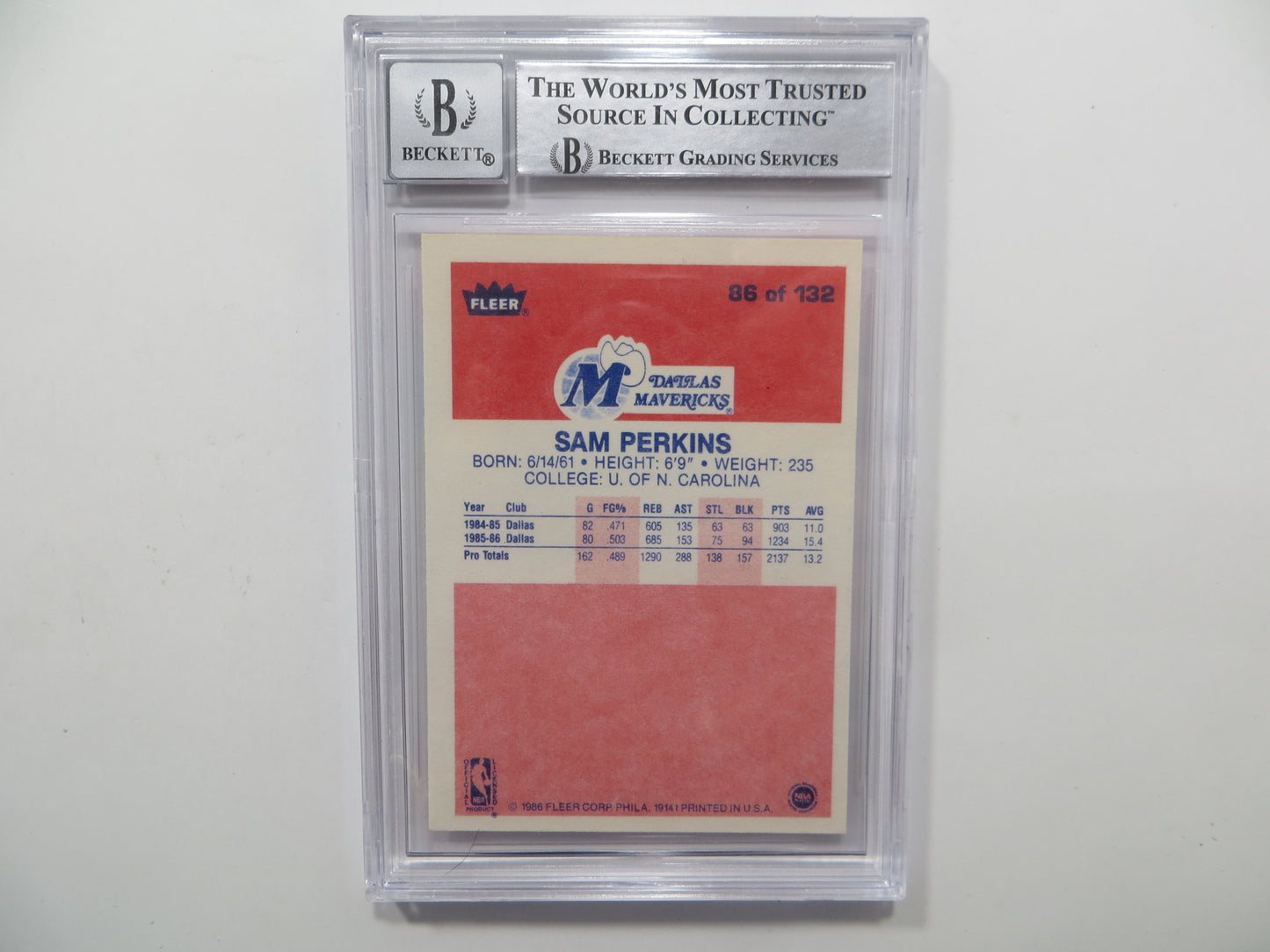 SAM PERKINS SIGNED BGS BAS SLAB 1986 FLEER #86 DALLAS MAVERICKS Auto 10