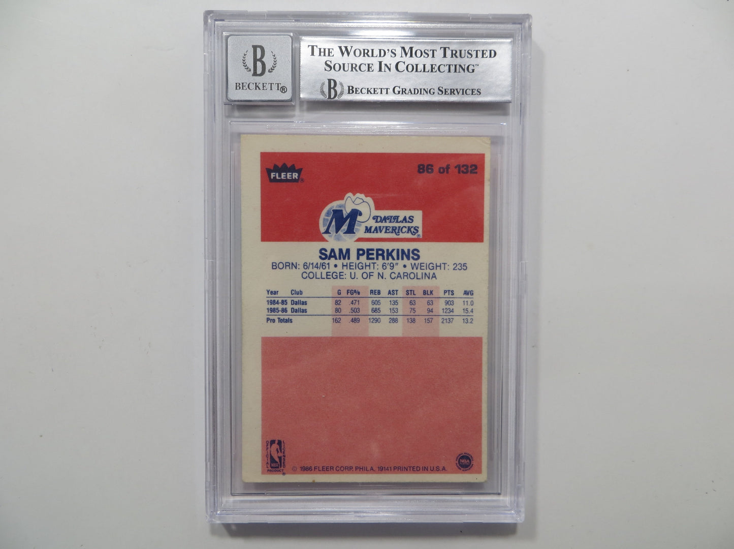 SAM PERKINS SIGNED BGS BAS SLAB 1986 FLEER #86 DALLAS MAVERICKS Auto 10