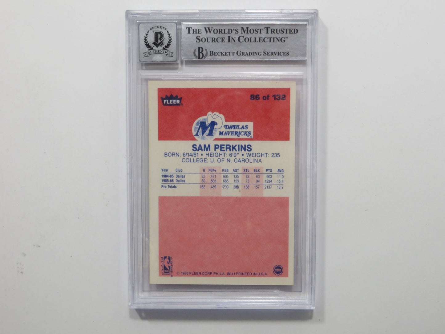 SAM PERKINS SIGNED BGS BAS SLAB 1986 FLEER #86 DALLAS MAVERICKS Auto 10