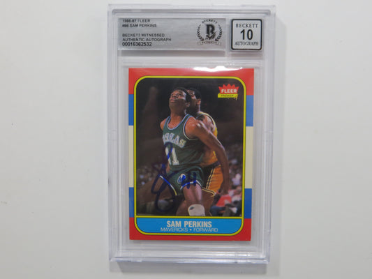 SAM PERKINS SIGNED BGS BAS SLAB 1986 FLEER #86 DALLAS MAVERICKS Auto 10