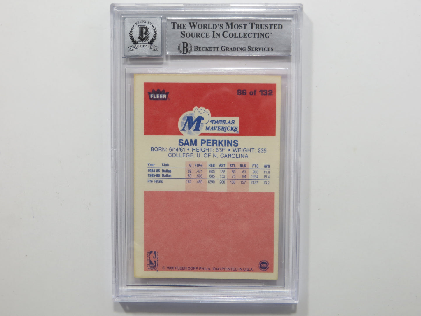 SAM PERKINS SIGNED BGS BAS SLAB 1986 FLEER #86 DALLAS MAVERICKS Auto 10