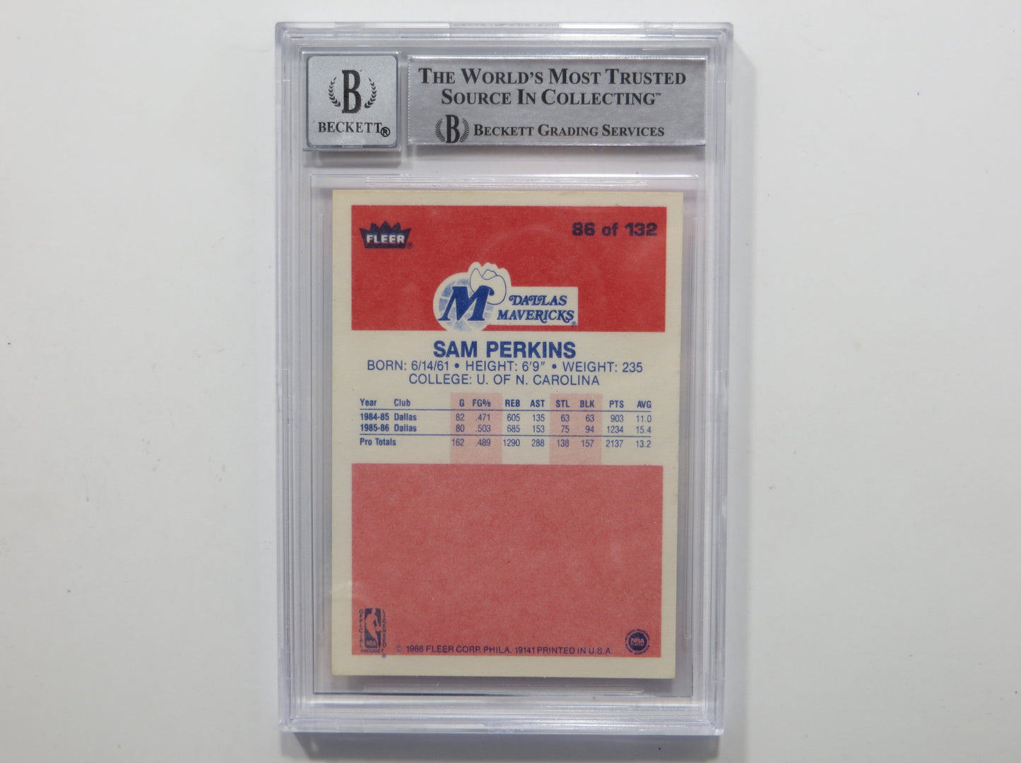 SAM PERKINS SIGNED BGS BAS SLAB 1986 FLEER #86 DALLAS MAVERICKS Auto 10