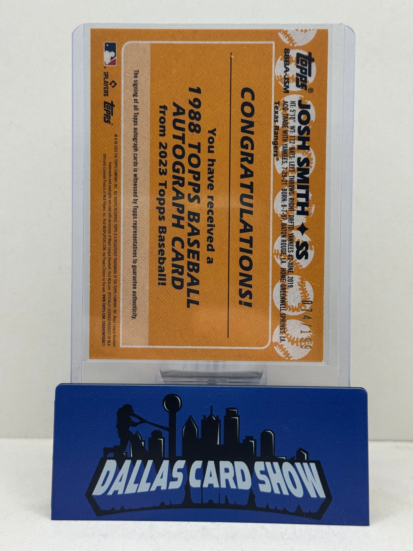 2023 Topps Series 1 Josh Smith 1988 Topps Baseball RC Autograph /199 Rangers