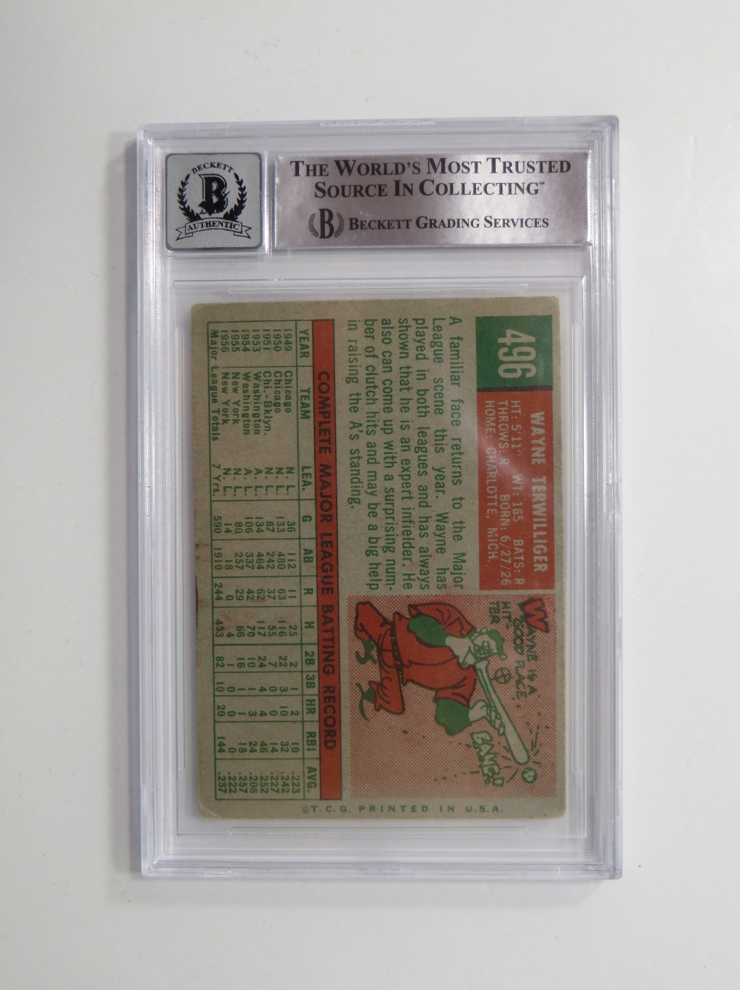 WAYNE TERWILLIGER SIGNED 1959 Topps BGS BAS SLAB Auto 10 Kansas City Athletics