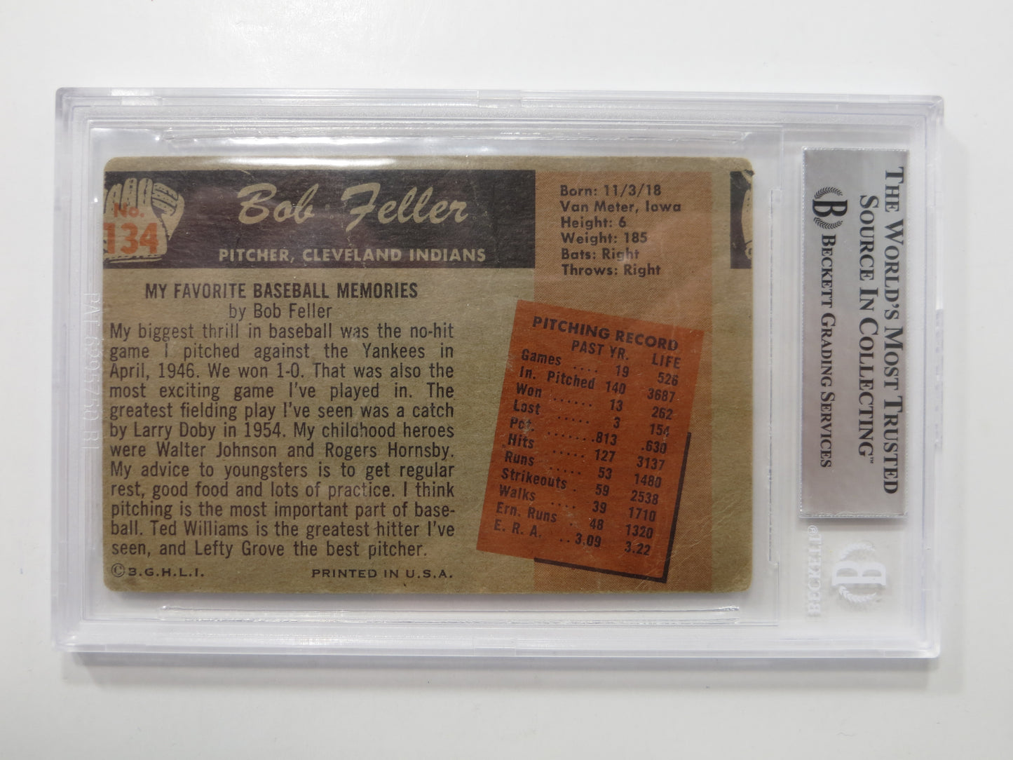 BOB FELLER SIGNED 1955 Bowman BGS BAS SLAB Cleveland Indians