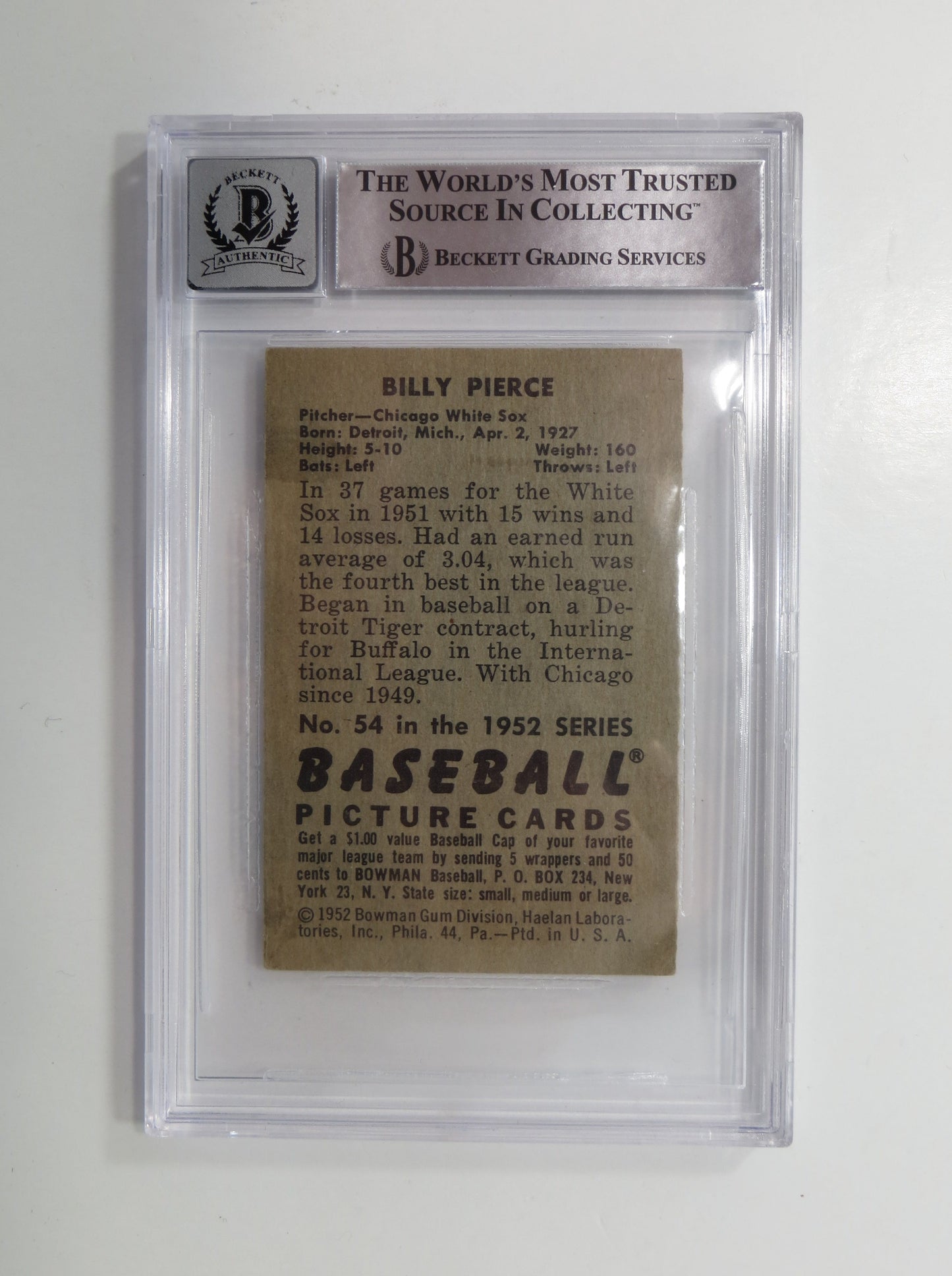 BILLY PIERCE SIGNED 1952 Bowman BGS BAS SLAB Chicago White Sox AUTO 10