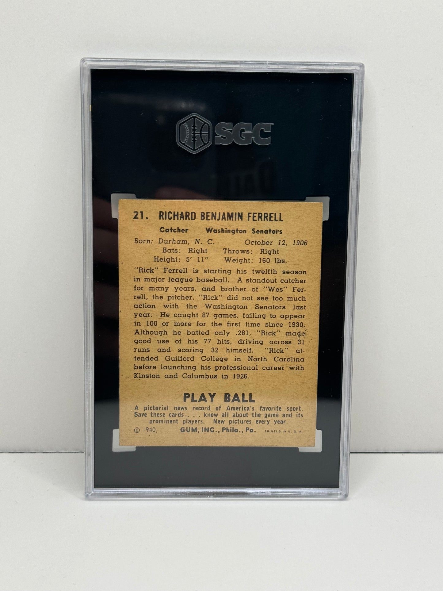 1940 Playball Rick Ferrell #21 Senators SGC 4