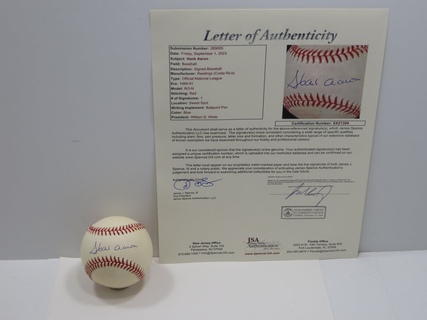 HENRY HANK AARON SIGNED RAWLINGS ONL BASEBALL BRAVES JSA FULL LOA