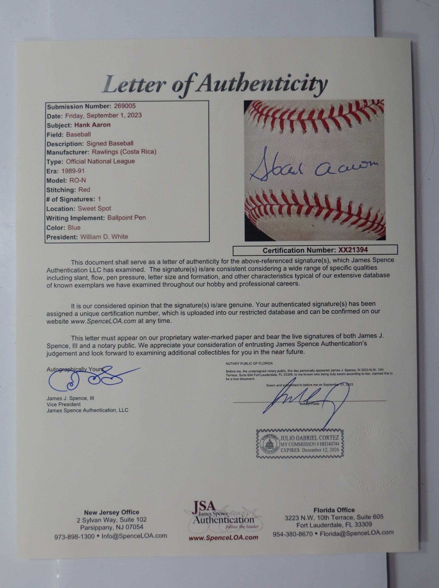 HENRY HANK AARON SIGNED RAWLINGS ONL BASEBALL BRAVES JSA FULL LOA