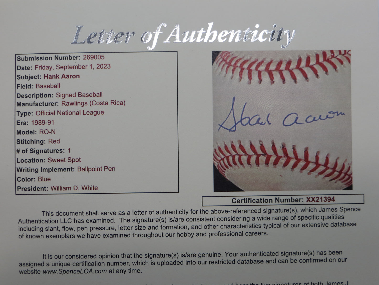 HENRY HANK AARON SIGNED RAWLINGS ONL BASEBALL BRAVES JSA FULL LOA