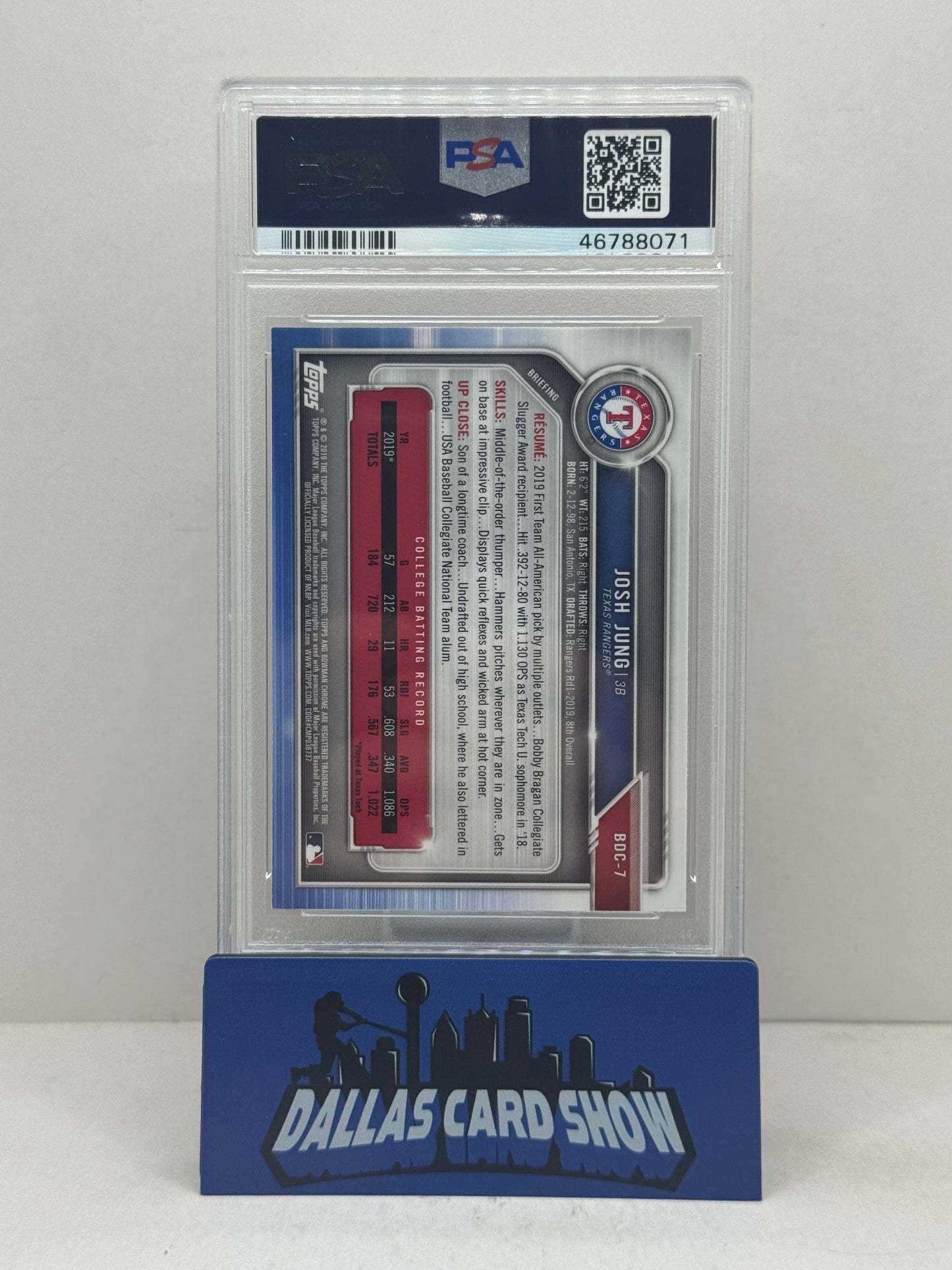 2019 Bowman Draft #BDC7 Josh Jung Sapphire Edition 1st Bowman PSA 9