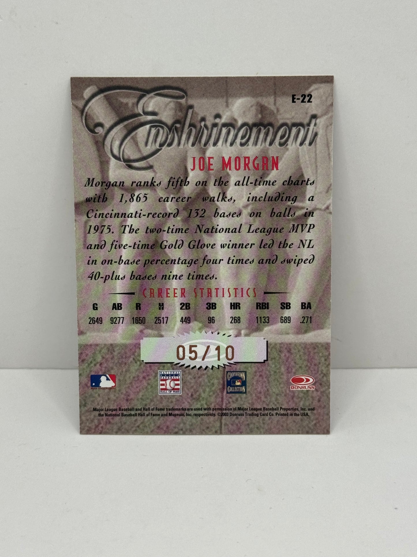 2003 Donruss Studio Joe Morgan Enshrinement Autograph #E-22 /10 Reds