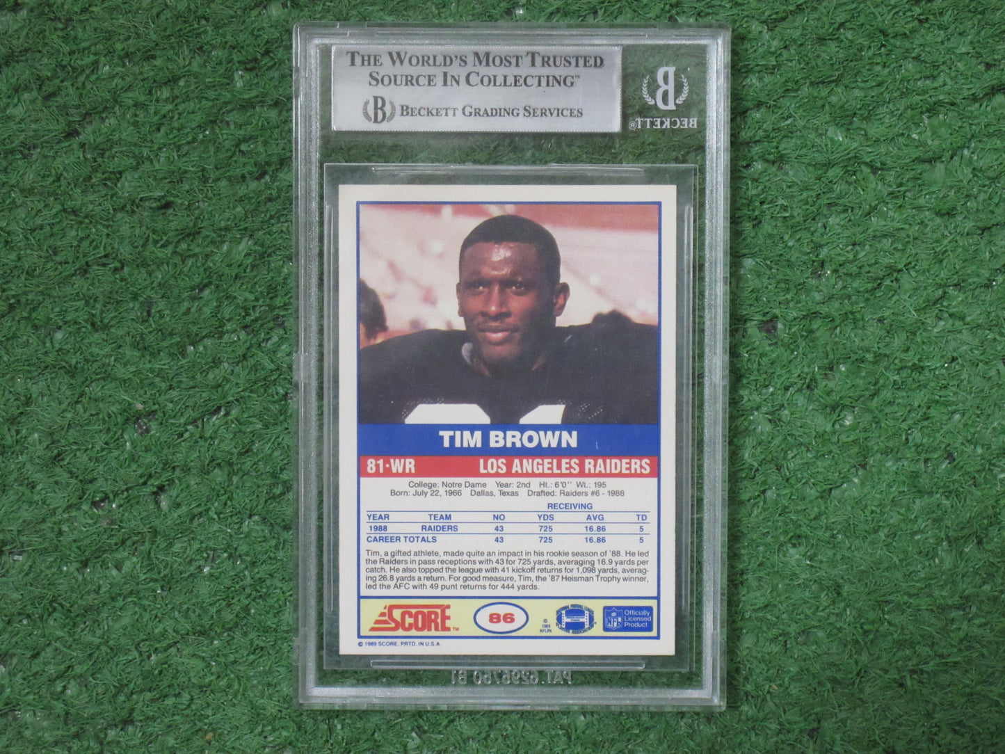TIM BROWN SIGNED 1989 Score #86 BGS BAS SLAB Rookie Card RAIDERS