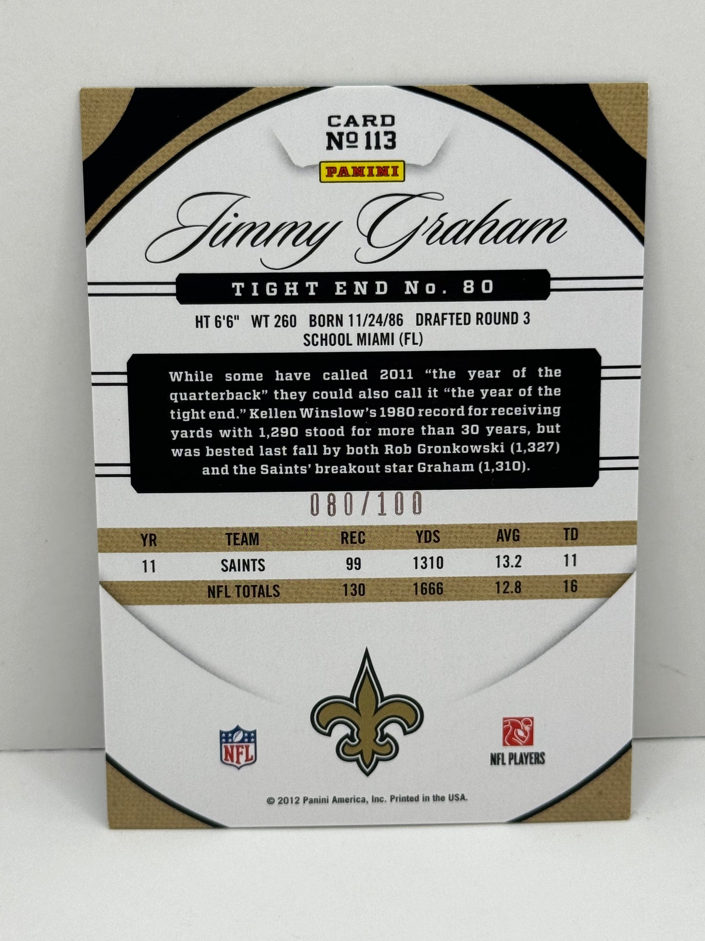 2012 Panini Certified Jimmy Graham Mirror Blue 80/100 Jersey Match!