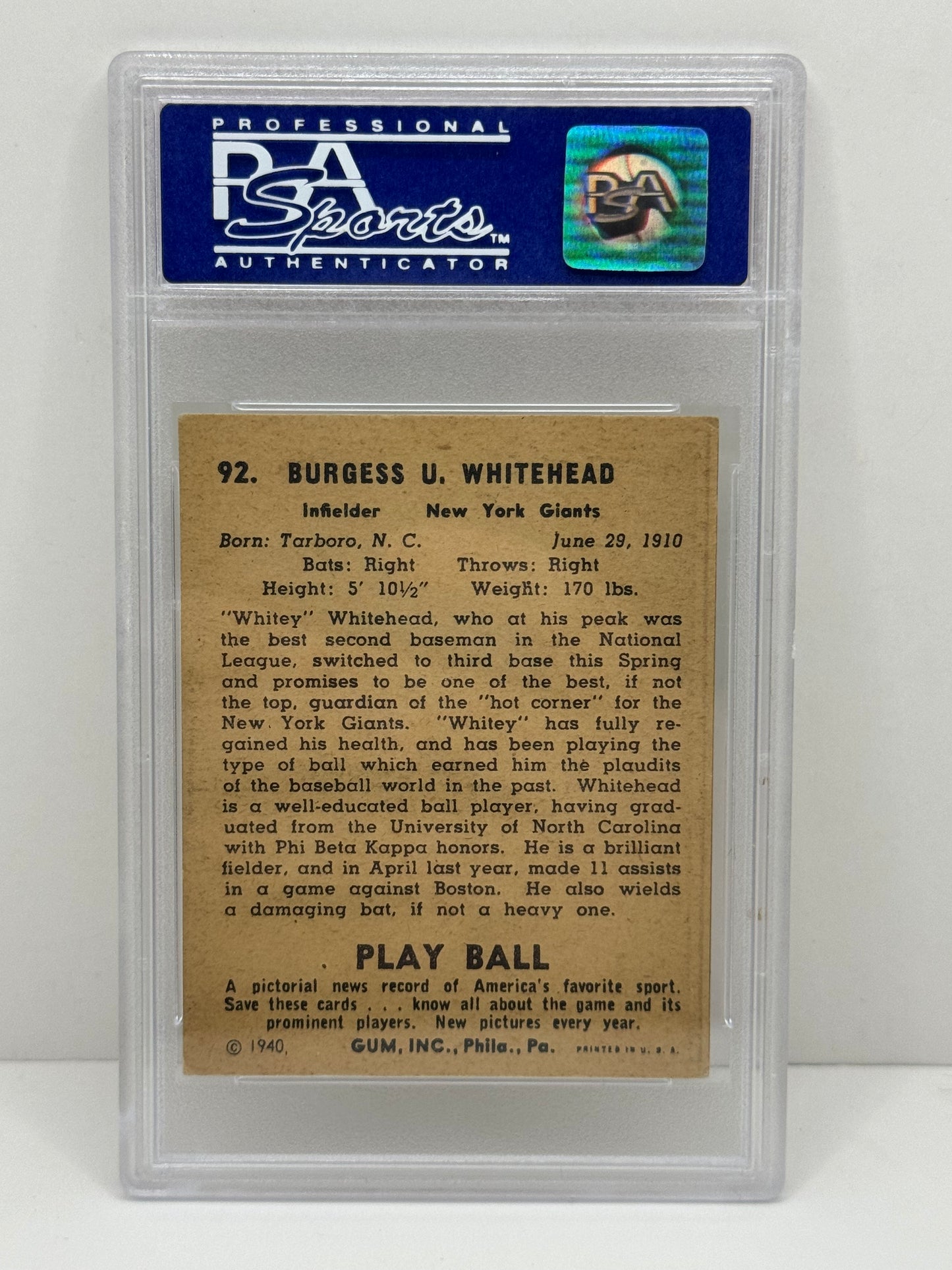 1940 Play Ball Whitey Whitehead #92 PSA 6 EX-MT