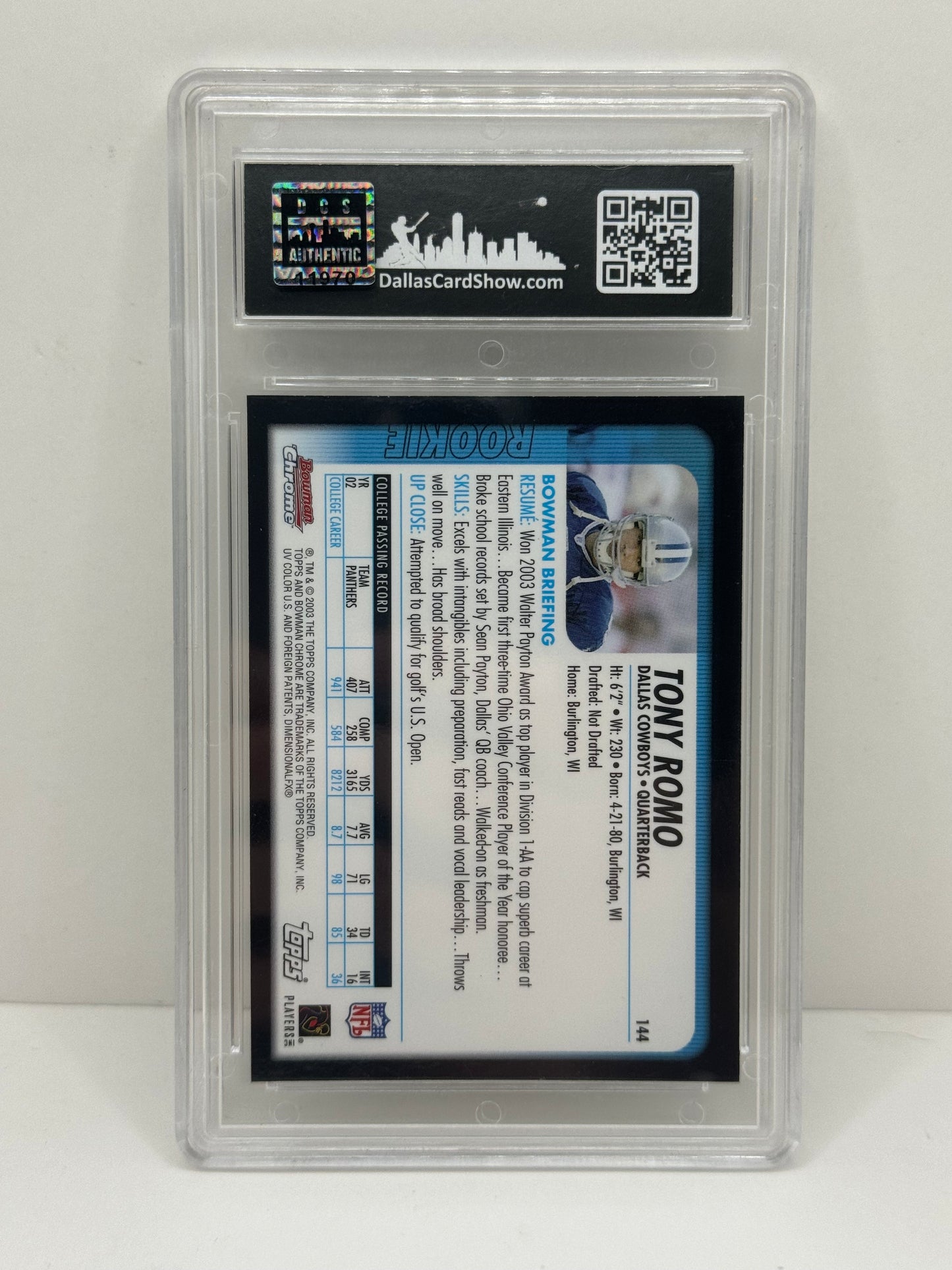 2003 Bowman Chrome Tony Romo #144 Rookie DCS 9.5