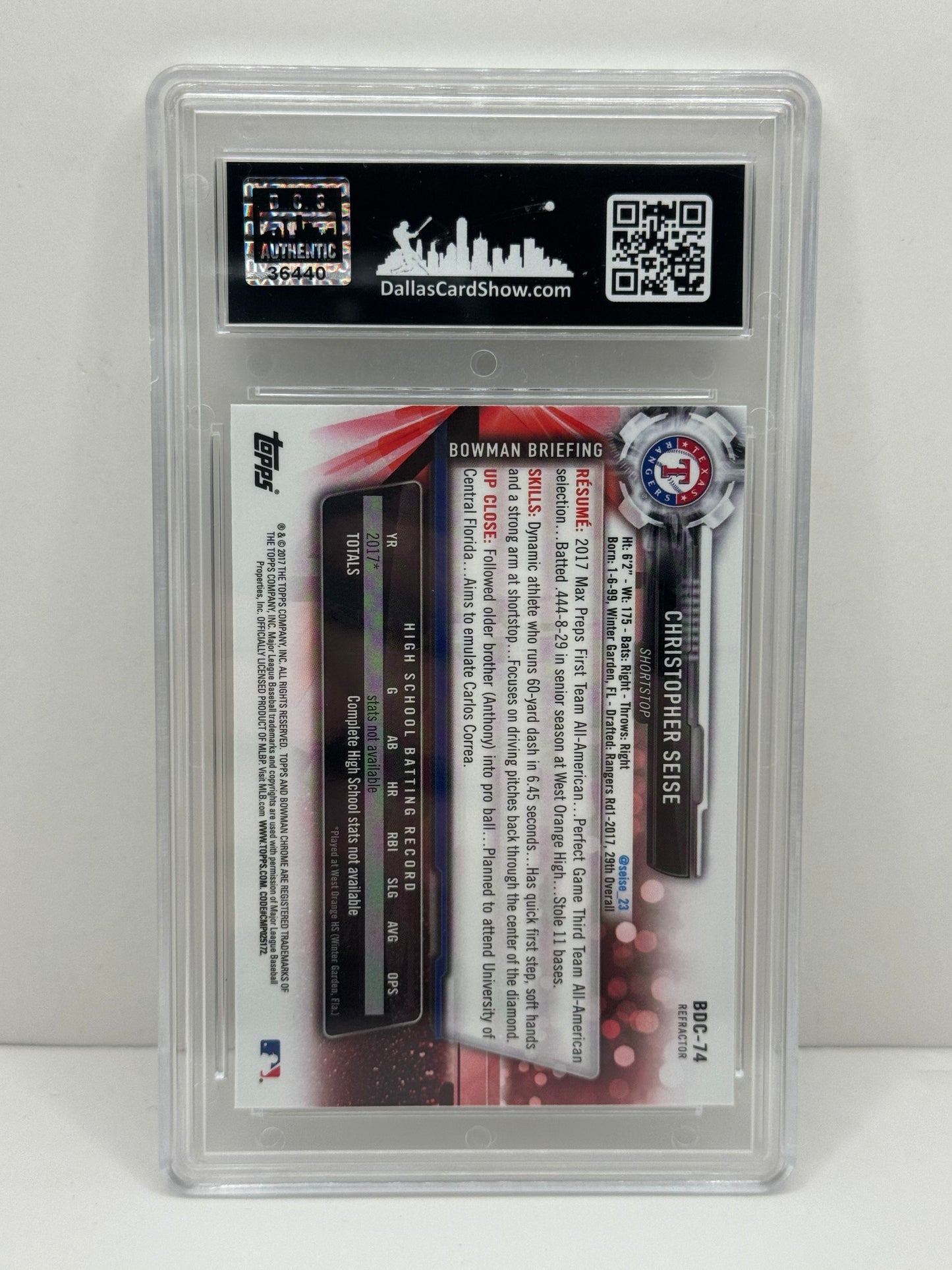 2017 Bowman Chrome Christopher Seise #BDC-14 Refractor DCS 9.5