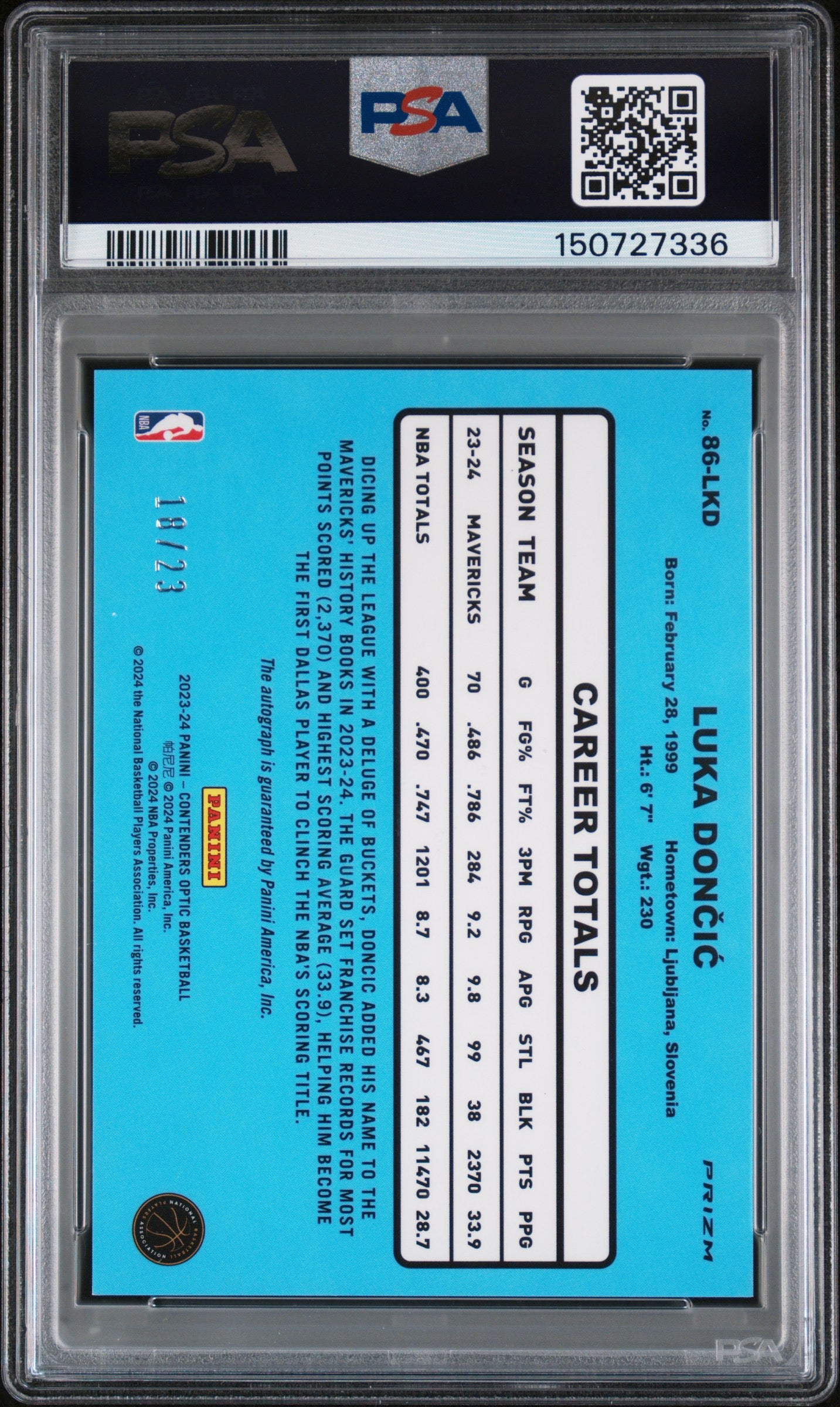 2023-24 Contenders Optic Luka Doncic 86 Tribute Cracked Ice Autograph /23 PSA 10