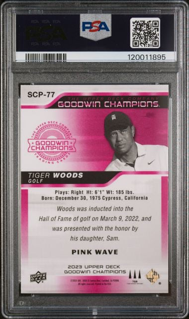 2023 Goodwin Champions #SCP77 Tiger Woods Platinum Pink Wave PSA 10