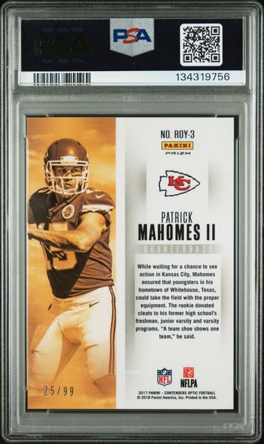 2017 Panini Contenders Optic #ROY3 Patrick Mahomes Rookie of The Year /99 PSA 9