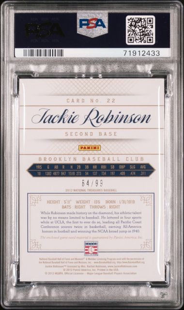 2012 Panini National Treasure #22 Jackie Robinson Materials /99 PSA 10