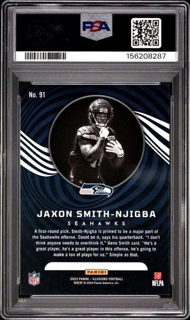 2023 Illusions #91 Jaxon Smith-Njigba Trophy Collection Sunburst PSA 8
