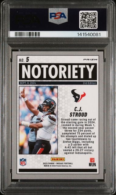 2025 Mosaic #5 Cj Stroud Orange Fluorescent Notoriety PSA 10
