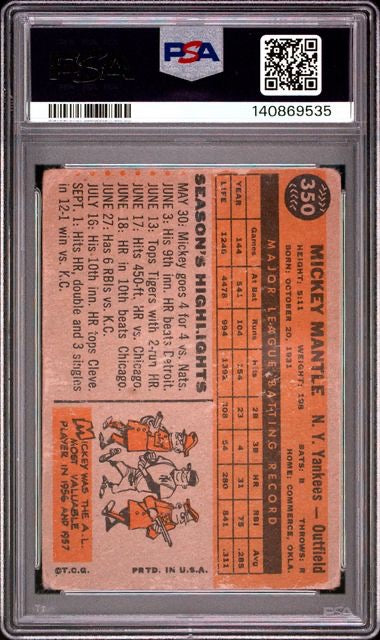 1960 Topps #350 Mickey Mantle PSA 1