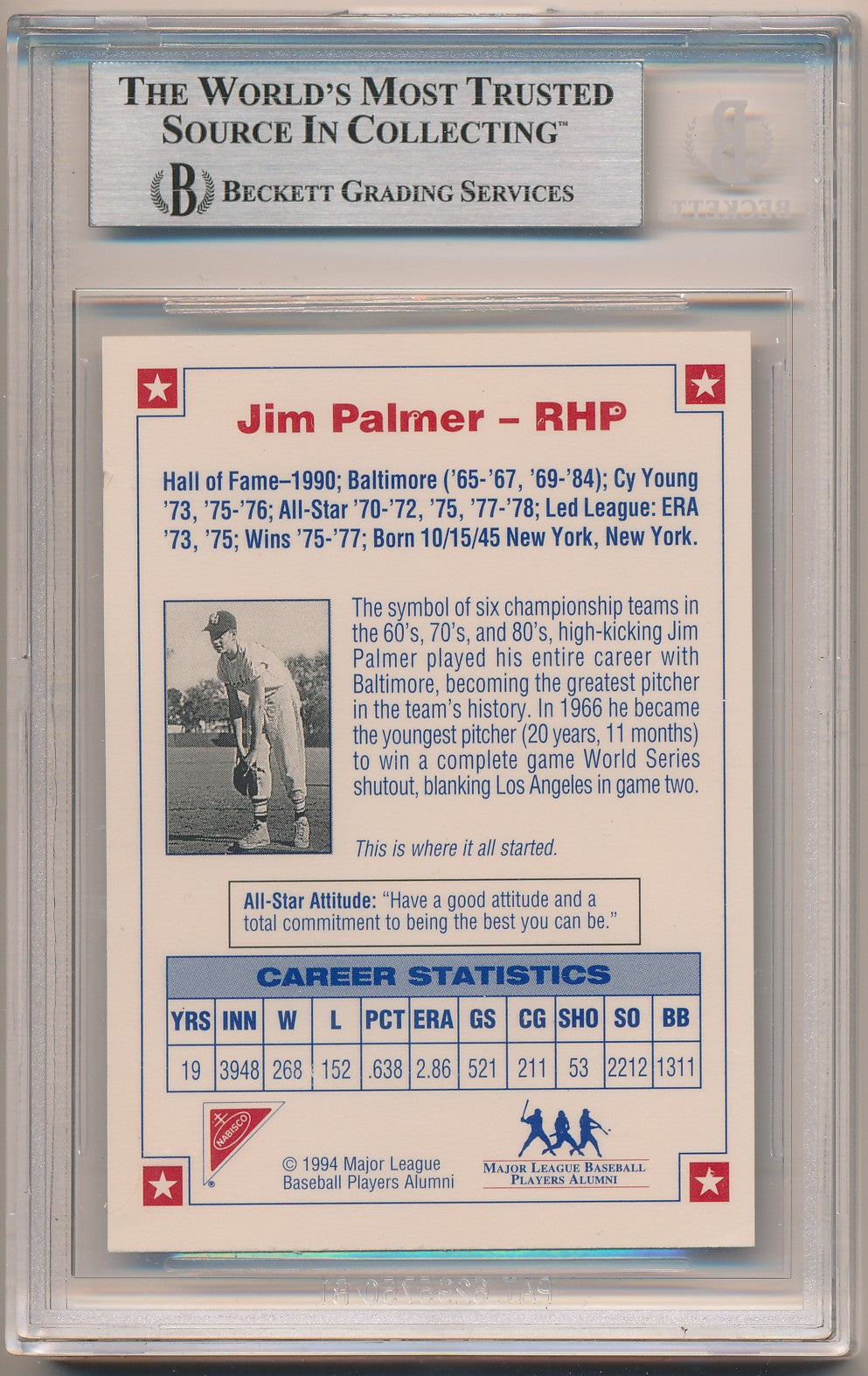1994 NABISCO ALL-STAR AUTOGRAPHS #2 JIM PALMER AUTHENTIC BGS AUTO