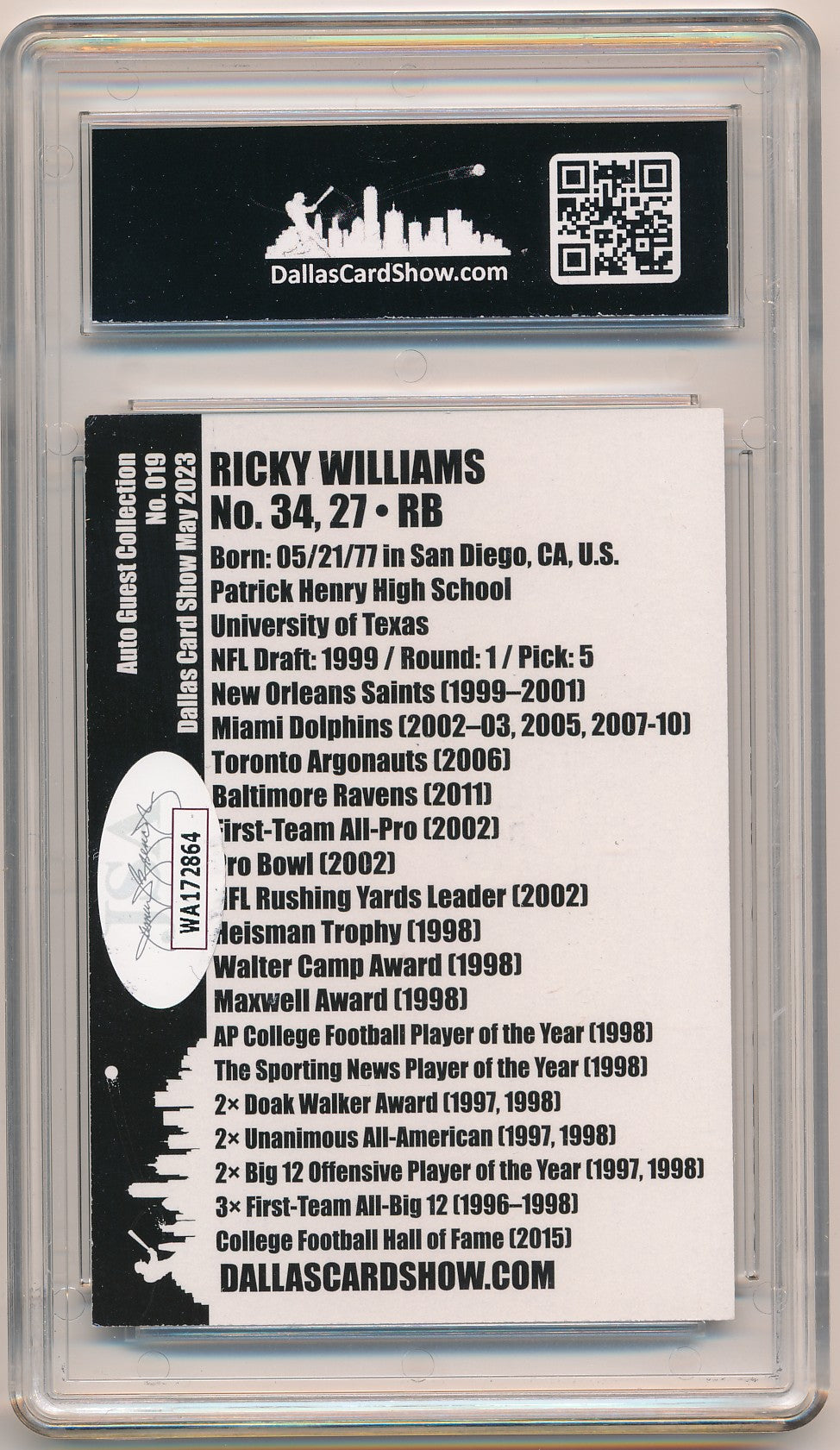 DALLAS CARD SHOW DCS SELECT RICKY WILLIAMS AUTHENTIC AUTO JSA